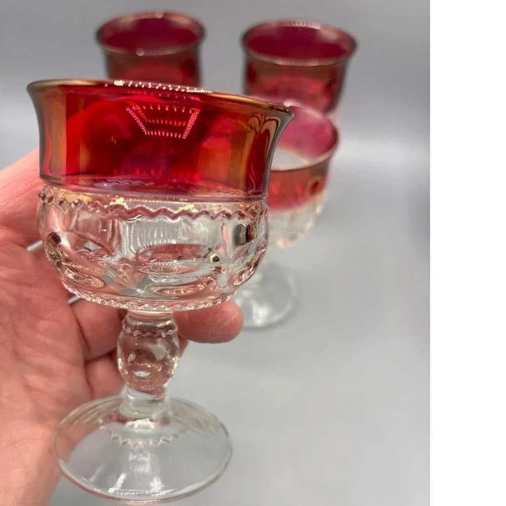 Vtg 4 Pc Ruby Red Flashed Glass Cordial Goblets Kings Crown‎ Stem Bar Ware